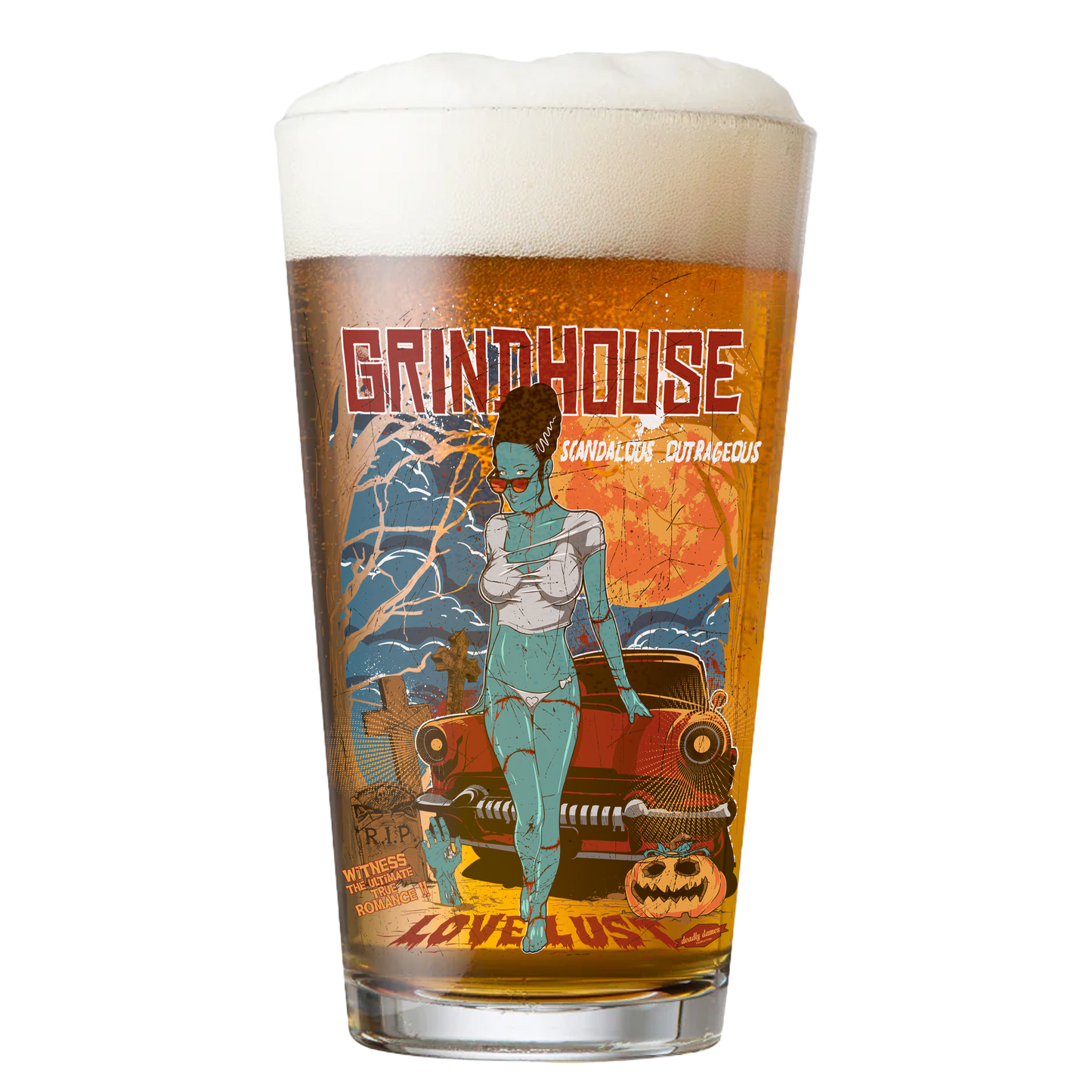 Dark Planet Tees Presents: Grindhouse Horror 16oz Pint Glass Horror-Themed Glassware